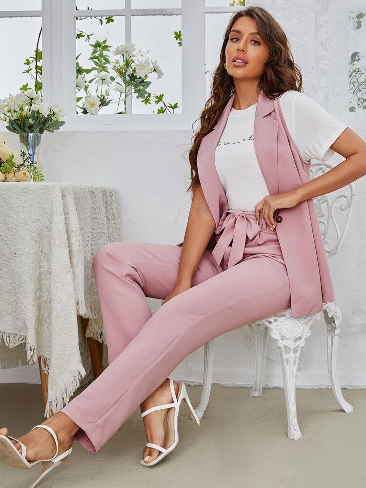 SHEIN Solid Sleeveless Blazer and Self Belted Pants Suit Set | SHEIN