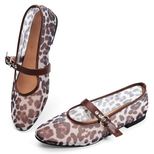 Leopard Flats for Women Mesh Ballet Flats Mary Jane Animal Print Shoes Slip On Casual Breathable Ballerina Flats | Amazon (US)