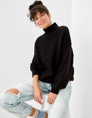AE Oversized Balloon-Sleeve Mock Neck Sweater | American Eagle Outfitters (US & CA)