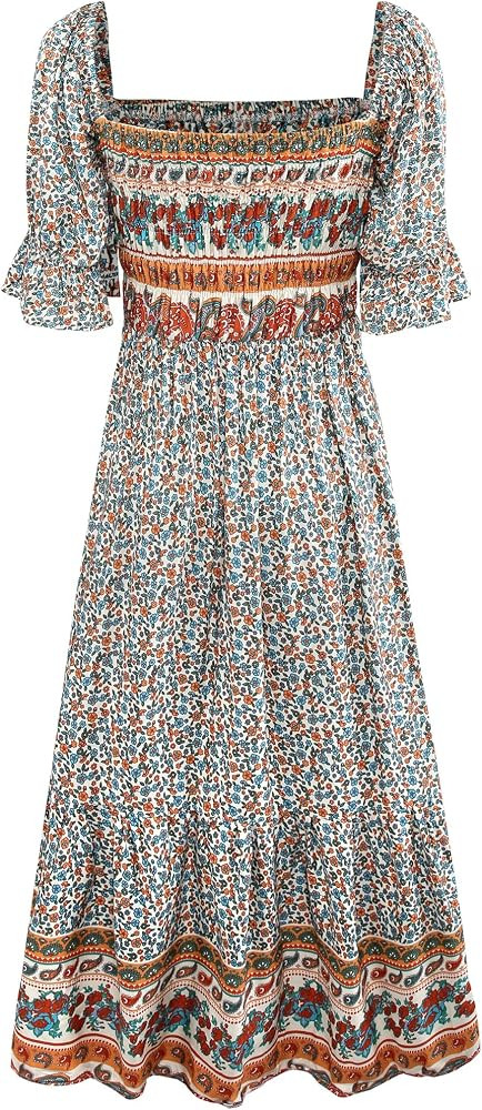 Women's Summer Bohemian Square Neck Floral Print Ruffle Vintage Flowy Beach Vacation Long Midi Boho  | Amazon (US)