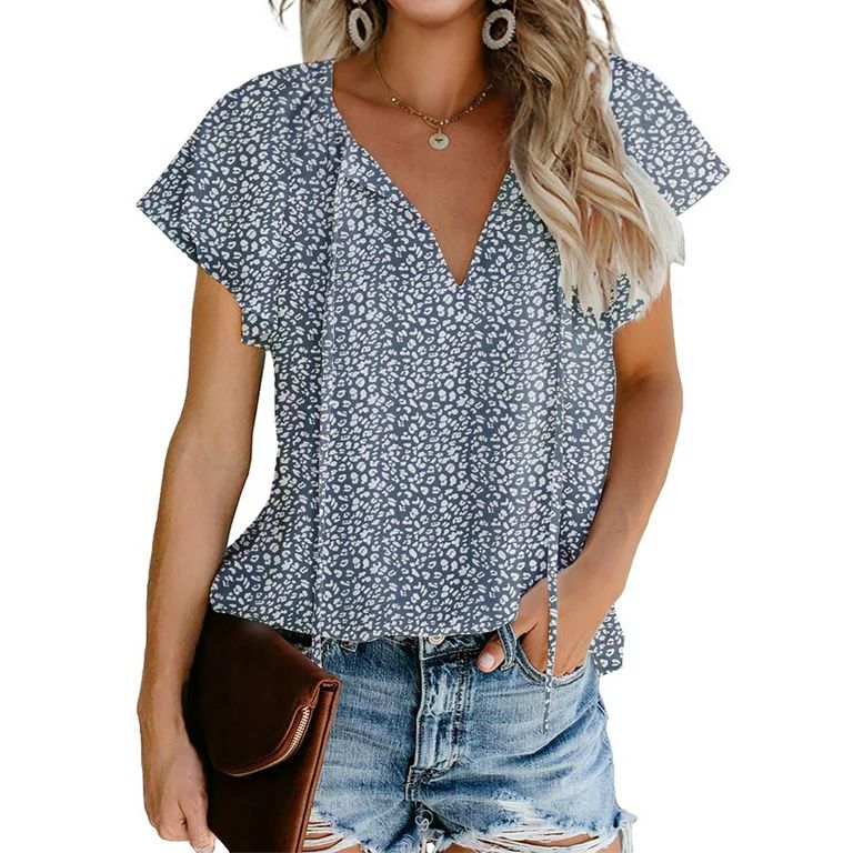 Fantaslook Blouses for Women Floral Print V Neck Ruffle Short Sleeve Shirts Casual Summer Tops - ... | Walmart (US)