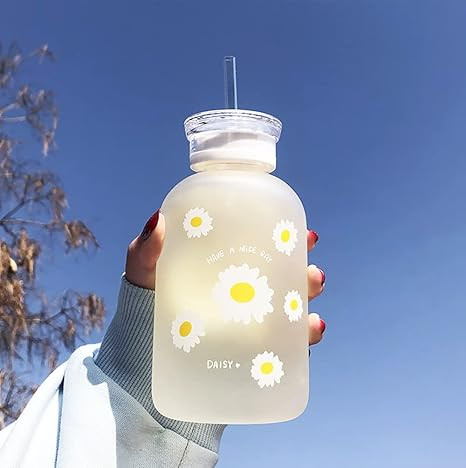 480ml Milk Juice Cute Water Bottle with Scale 2 Lids Little daisy Matte Portable Transparent Wate... | Amazon (US)