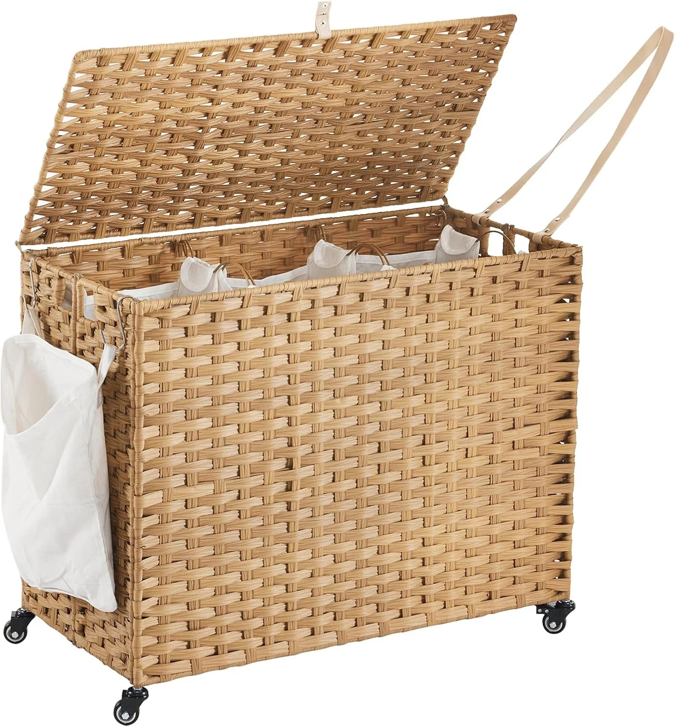 Laundry Hamper with Wheels, 52.8 Gallon(200L) Rolling Laundry Basket with Lid, 3-Section Rattan C... | Walmart (US)
