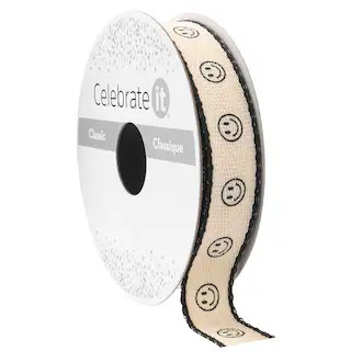 5/8" x 7yd. Black Smiley Face Faux Linen Ribbon by Celebrate It® Classic | Michaels Stores