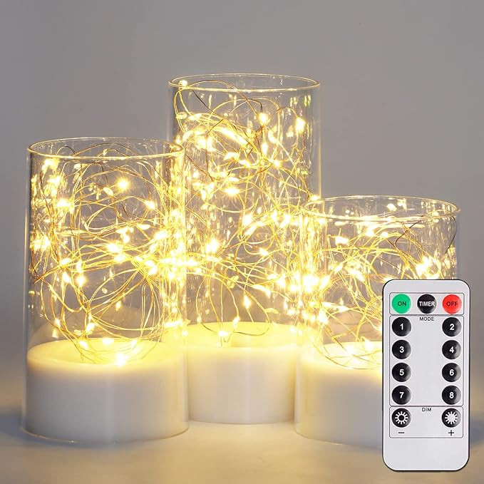 Homemory White Clear Flameless Candles with Remote, Embedded Twinkle String Lights in Acylinder B... | Amazon (US)