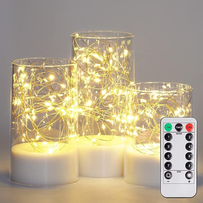 Homemory White Clear Flameless Candles with Remote, Embedded Twinkle String Lights in Acylinder B... | Amazon (US)