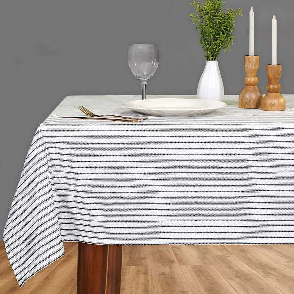60X84 Black/White Stripe Print Tablecloth | At Home