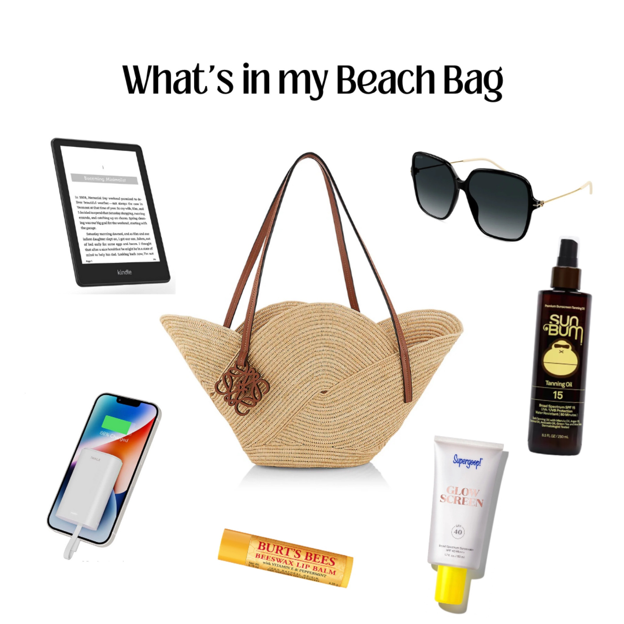 just a 1 more week until summer & i gotta share my beach bag necessities! 

I can never lounge by the pool or sea without my kindle, tanning oil, sunscreen, lip balm, a pair of oversized sunglasses, or my slim portable phone charger. they all fit so easily in this trendy Loewe tote 🤩

#LTKstyletip #LTKgiftguide #LTKsummer #summerfaves #summerfavorites #LTKbeauty #LTKunder50 #LTKunder100 #beachbag #handbag #summerbag #summertote #trendy #trendyfashion #whatsinmybag #skincare #summerskincare

#LTKitbag #LTKSeasonal #LTKtravel