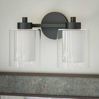 Royce 13 in. 2-Light Black Vanity Light with White and Clear Glass Shade | The Home Depot