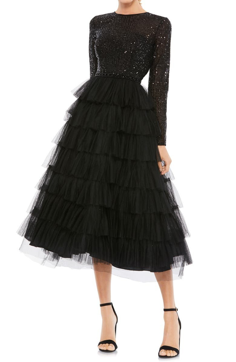 Sequin Tiered Long Sleeve Tulle Dress | Nordstrom | Nordstrom
