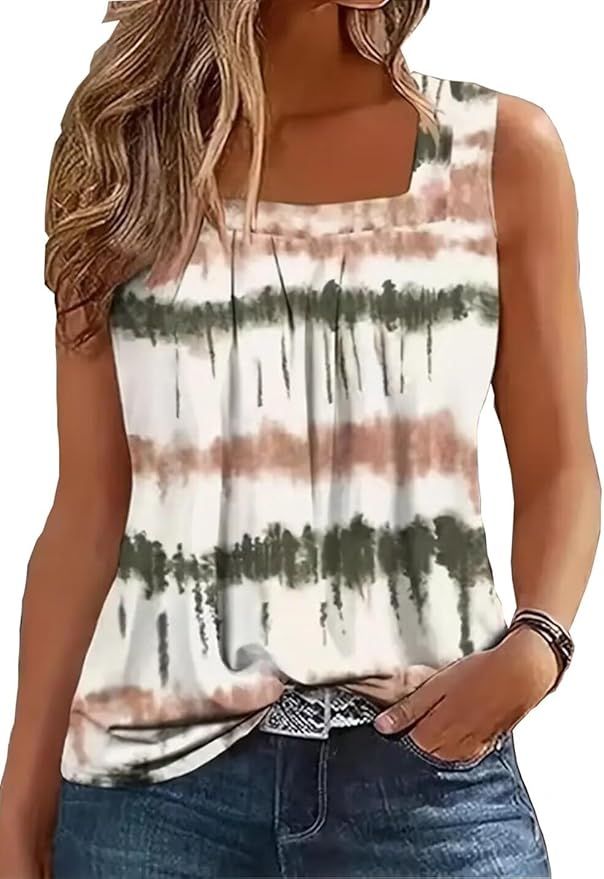 AIMITAG Color Block Ruffled Square Collar Tank Top Women Striped Tank Tee Summer Casual Loose Fit... | Amazon (US)