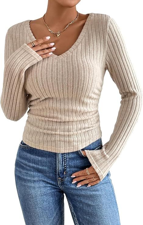 MakeMeChic Women's Solid V Neck Long Sleeve Ribbed Knit Ruched Tee Shirt Top | Amazon (US)