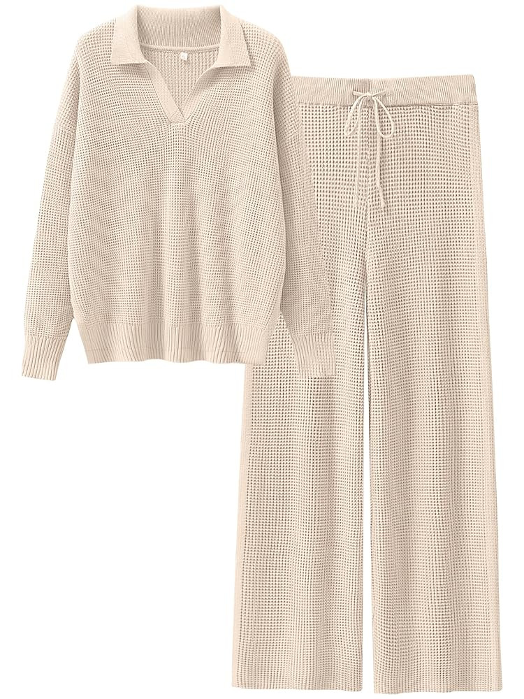 ANRABESS Women Two Piece Outfits Sweater Sets Lounge Waffle Knit Pullover Matching Wide Leg Pants... | Amazon (US)