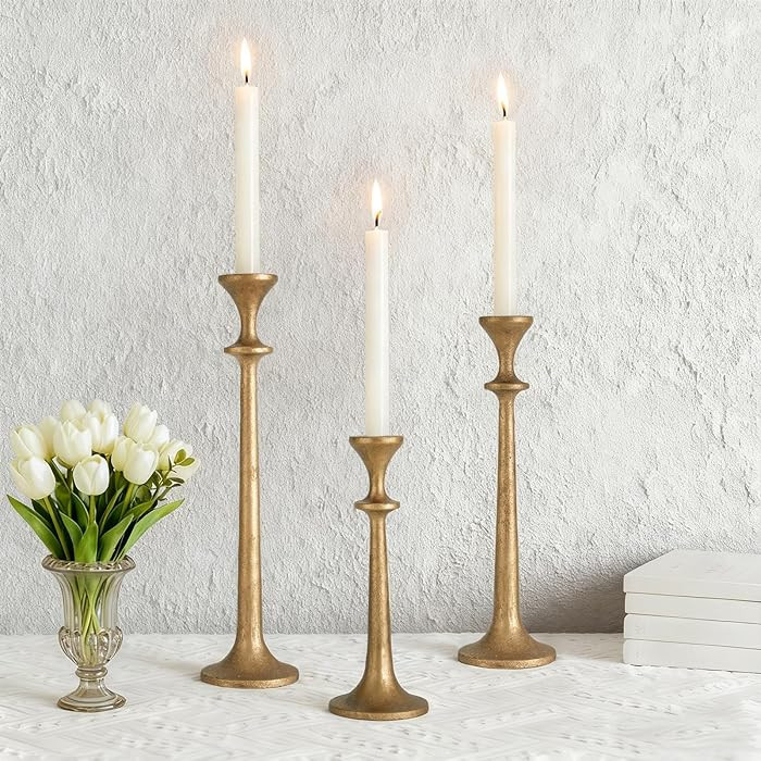 Gold Taper Candle Holders Set of 3 Heavy Cast Iron Antique Brass Candlestick Holder for Table Cen... | Amazon (US)
