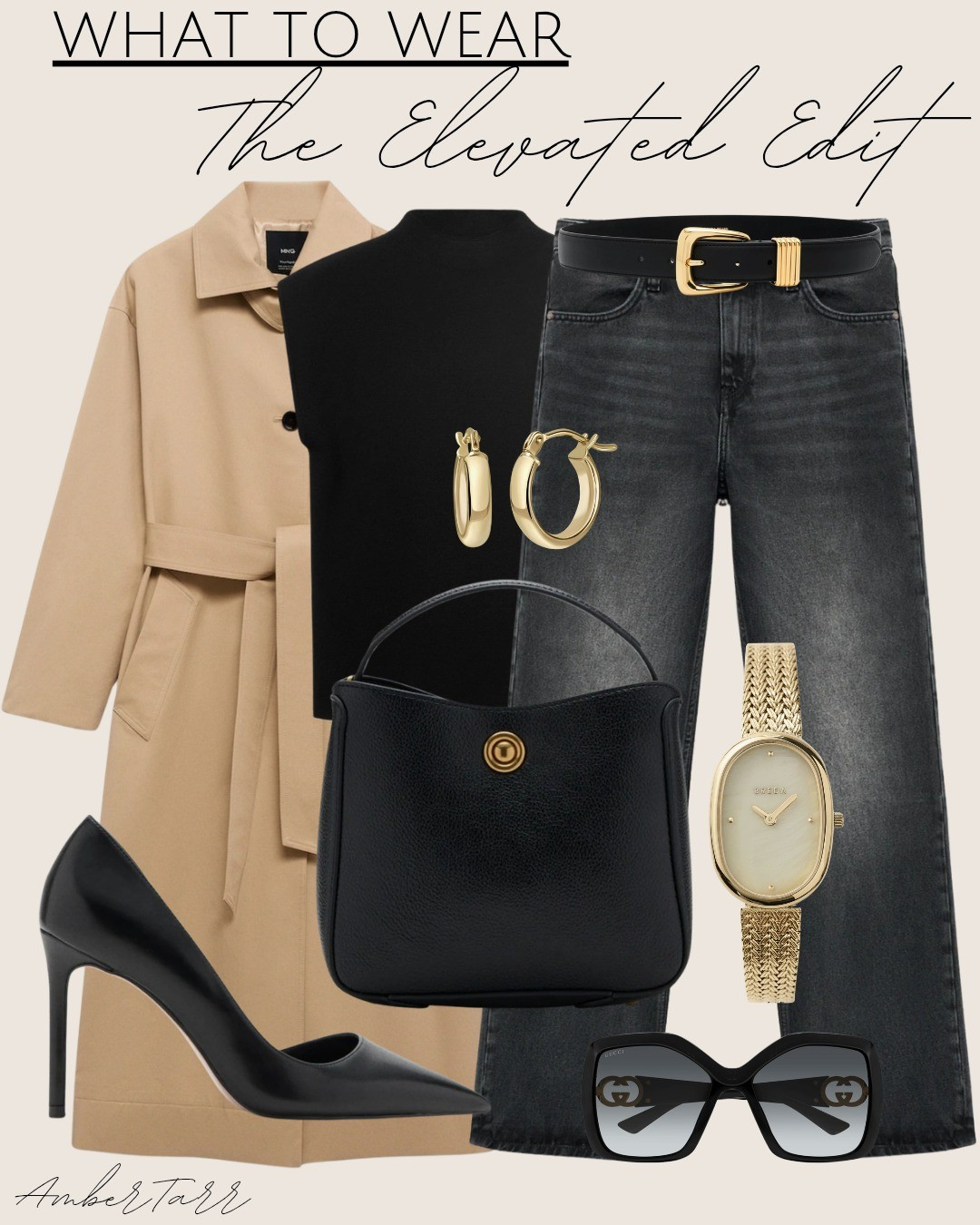 A chic, elevated neutral outfit styled with a classic camel trench layered over a black sleeveless top and dark-wash straight-leg denim. Finished with black pointed-toe heels, a structured black handbag, gold hoop earrings, a slim belt, and timeless accessories for an effortlessly polished everyday or date-night look.

#LTKNYFW #LTKootd #LTKOver40