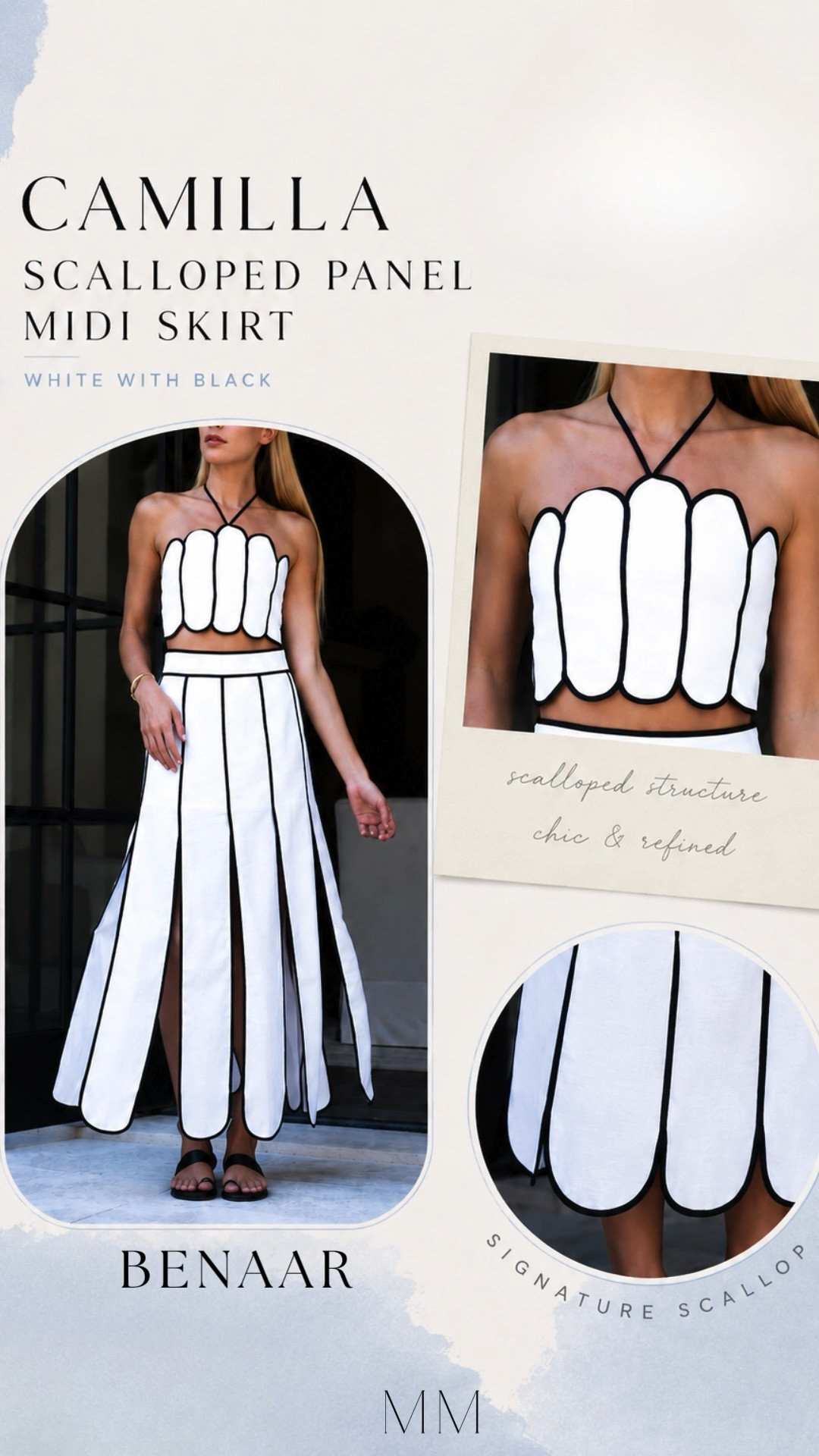 Scalloped details + contrast trim = the chicest statement set 🤍 This black and white matching set feels elevated, modern, and so unique for vacation, dinner, bridal events, summer outfits, or a European summer look. Loving the structured scallop hem and effortless silhouette. 

[scalloped set, white midi skirt, black and white outfit, matching set, vacation outfit, resort wear, chic summer outfit, European summer style, elevated basics, statement outfit, neutral outfit, midi skirt outfit, classy outfit, bridal shower outfit, designer inspired look]

#LTKOver40 #LTKTravel