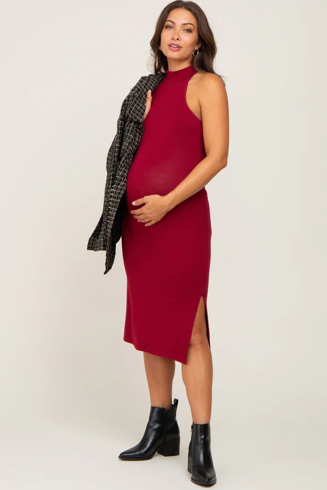 Burgundy High Neck Maternity Midi Dress | PinkBlush Maternity