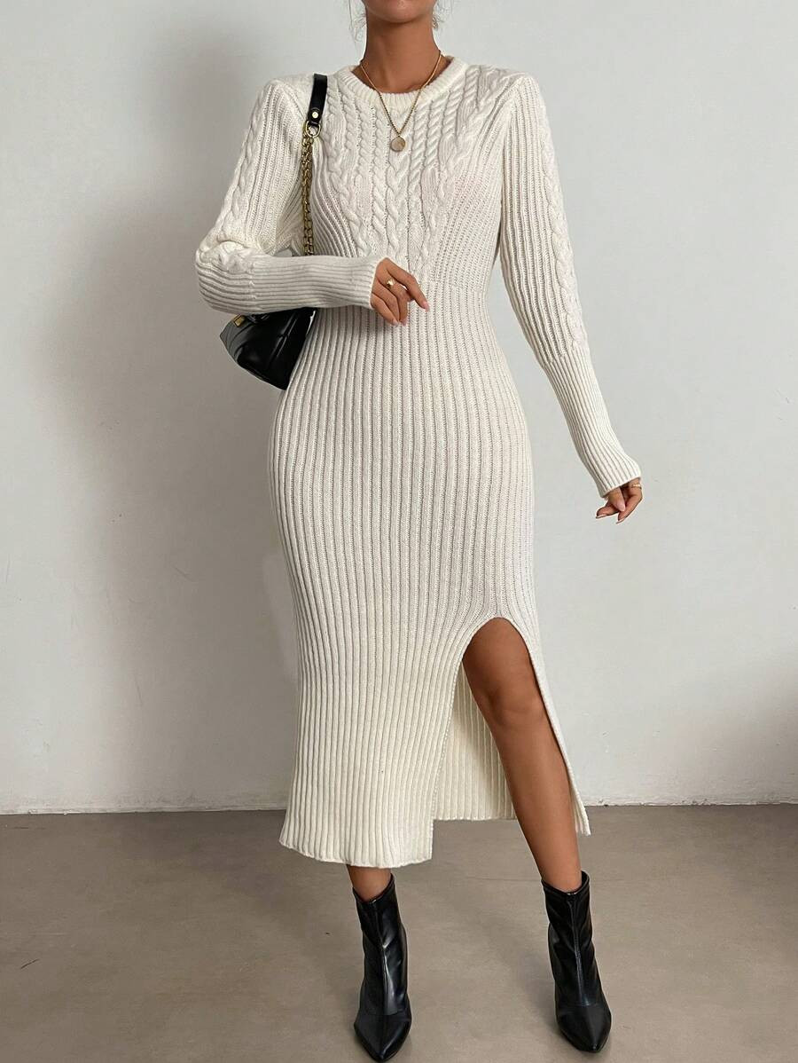 SHEIN Privé Split Thigh Cable Knit Sweater Dress | SHEIN