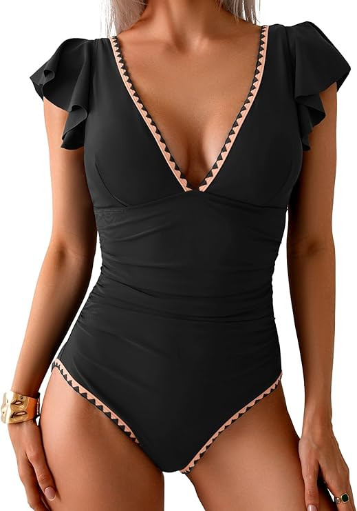 Women's One Piece Ruffle Swimsuit Tummy Control Bathing Suit V Neck Shell Stitched Swim Suit Slim... | Amazon (US)