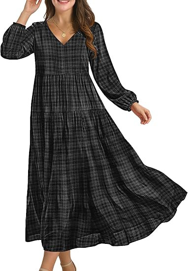 YESNO Women Fall Casual Maxi Dresses Long Lantern Sleeve EVFP2 | V Neck, long sleeve, tiered skir... | Amazon (US)