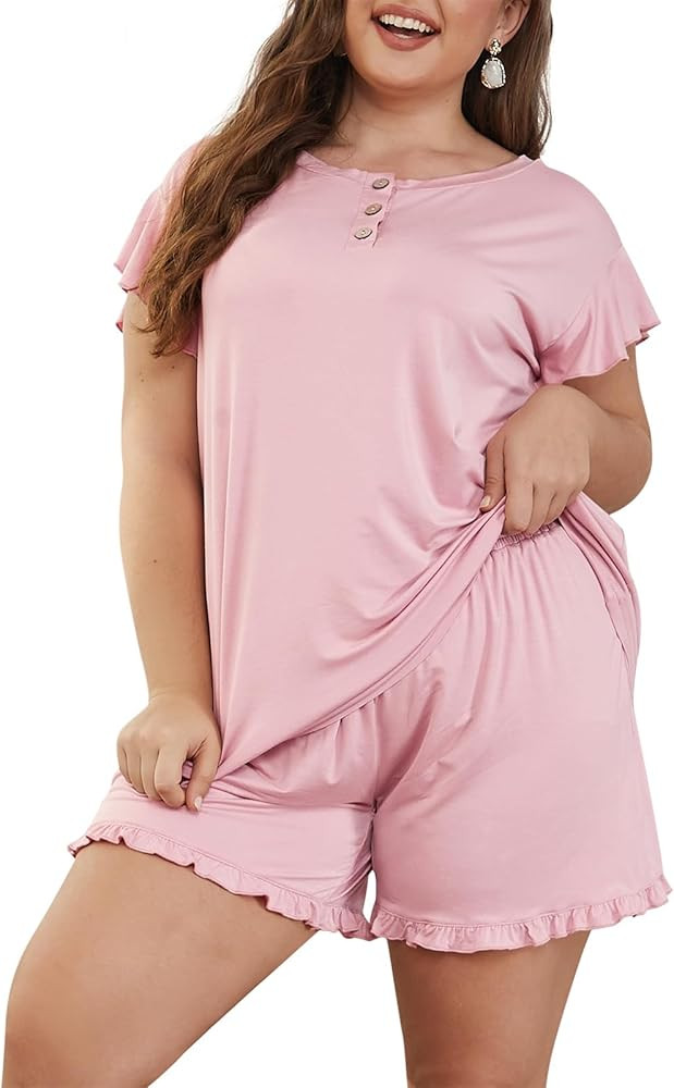 Celkuser Women’s Plus Size 2-Piece Pajama Set with Ruffle Sleeve and Button-Down Top Pockets So... | Amazon (US)
