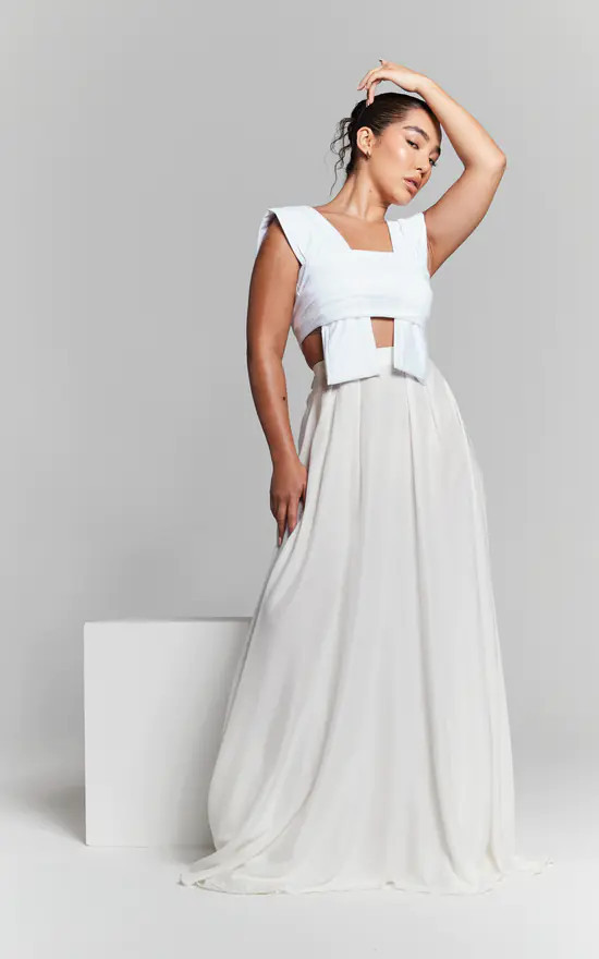 Ivory Recycled Pleated Flared Maxi Skirt | SilkFred