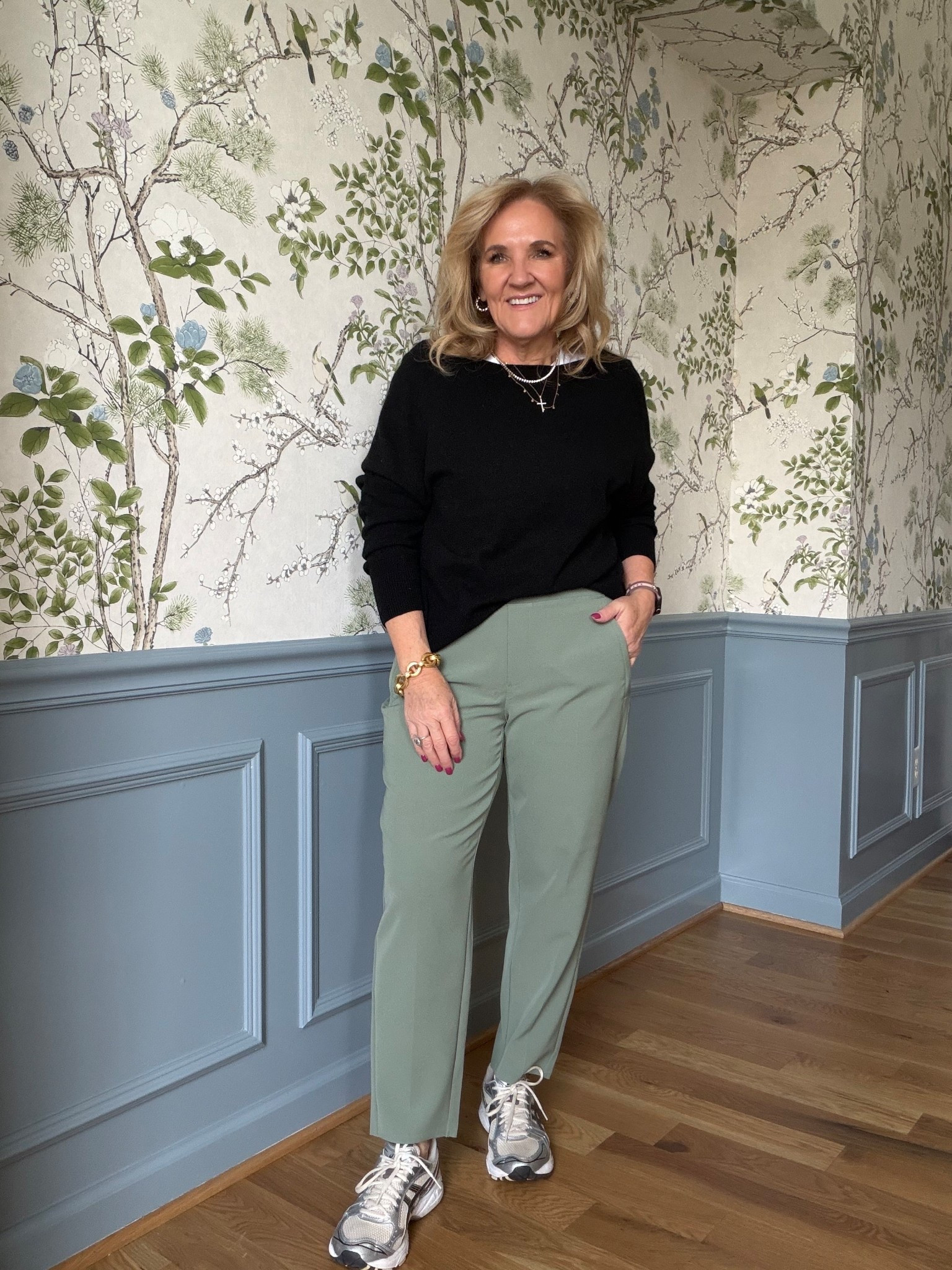 What I wore today only with the navy sweater. 
Sweater size large 
Tshirt size medium 
Pants 8 petite 

#LTKOver40 #LTKootd #LTKPetite