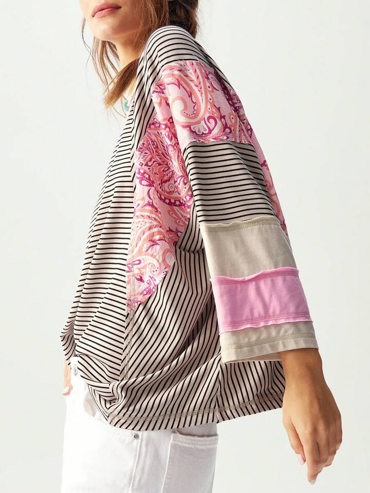 Bohemela Casual Patchwork Hem Round Neck Loose Short Sleeve T-Shirt For Women | SHEIN