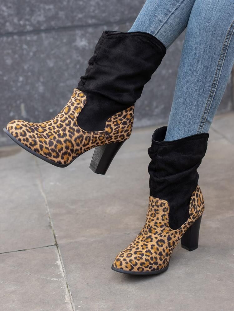 Suede Leopard Print Chunky Heeled Slouchy Boots | SHEIN