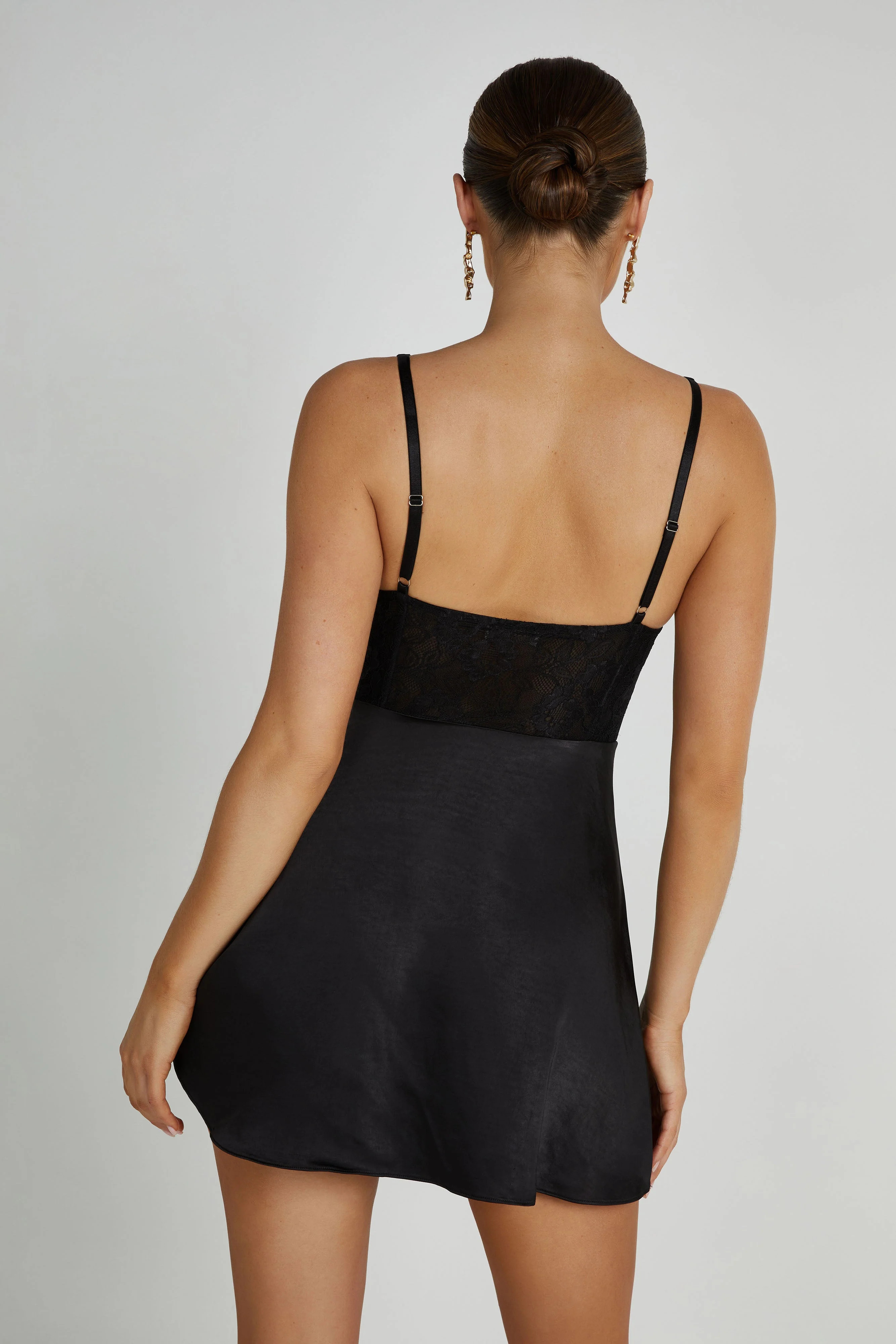Kerrie Mini Halter Satin And Lace Dress - Black | MESHKI US