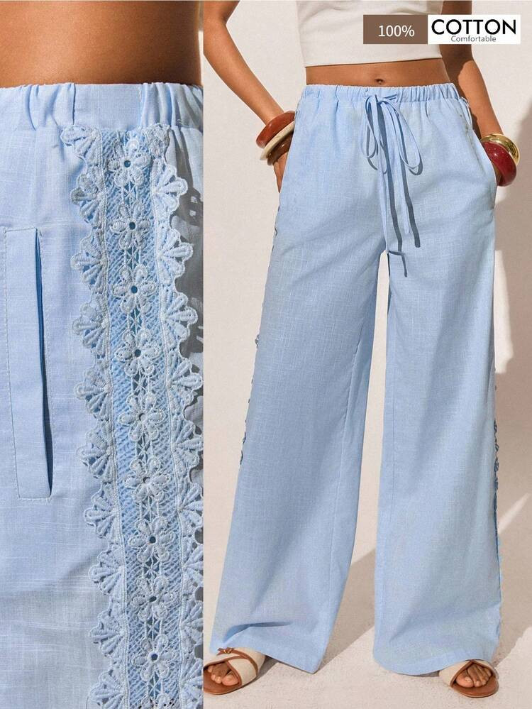 Poéselle Women's Vacation Casual Blue Lace Trim Cotton Pants, Summer, Beach, Vacations For Women, Carnival , Spring/Summer | SHEIN