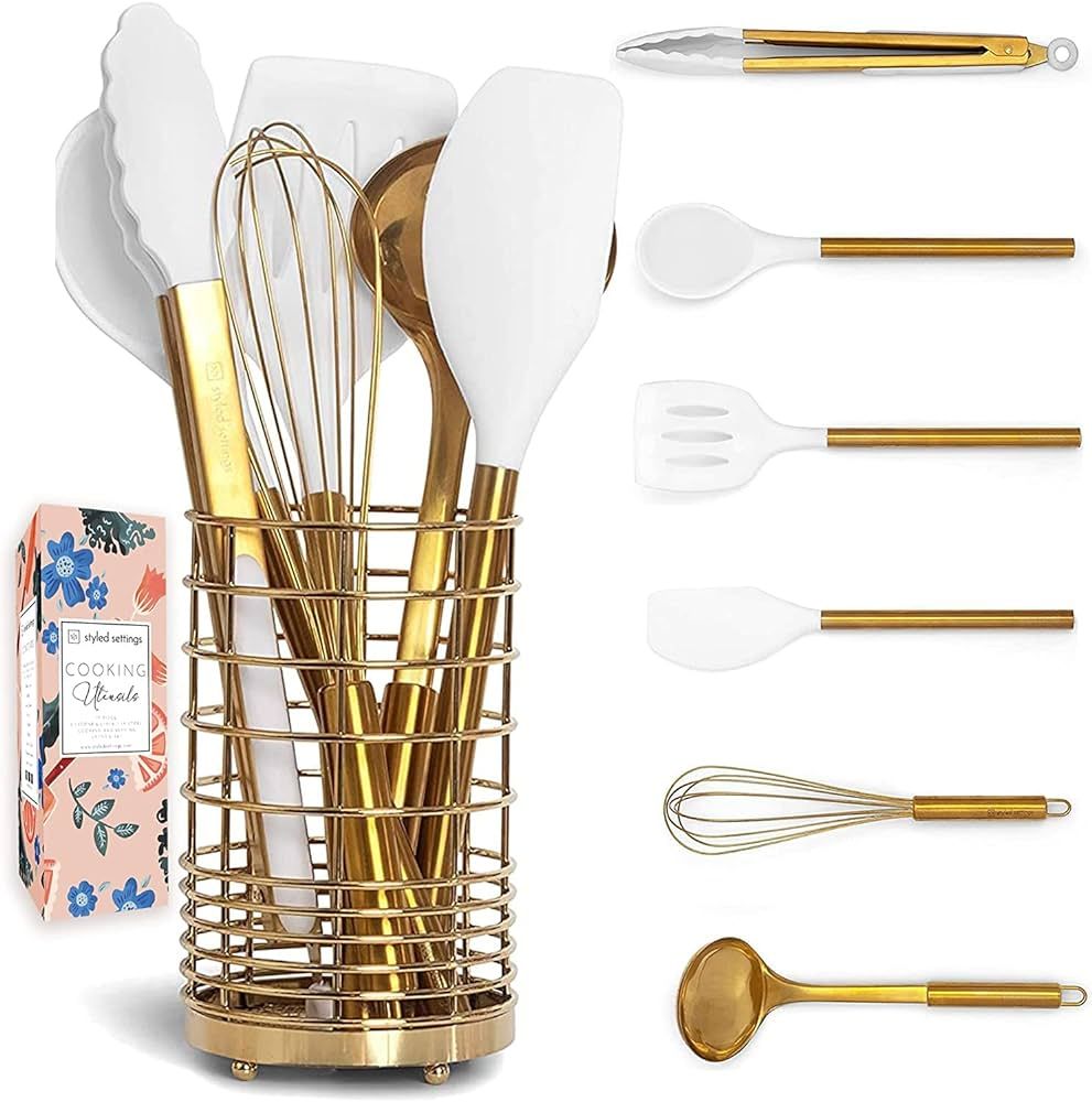 White Silicone and Gold Cooking Utensils Set with Gold Utensil Holder: 17PC Set Includes White & ... | Amazon (US)
