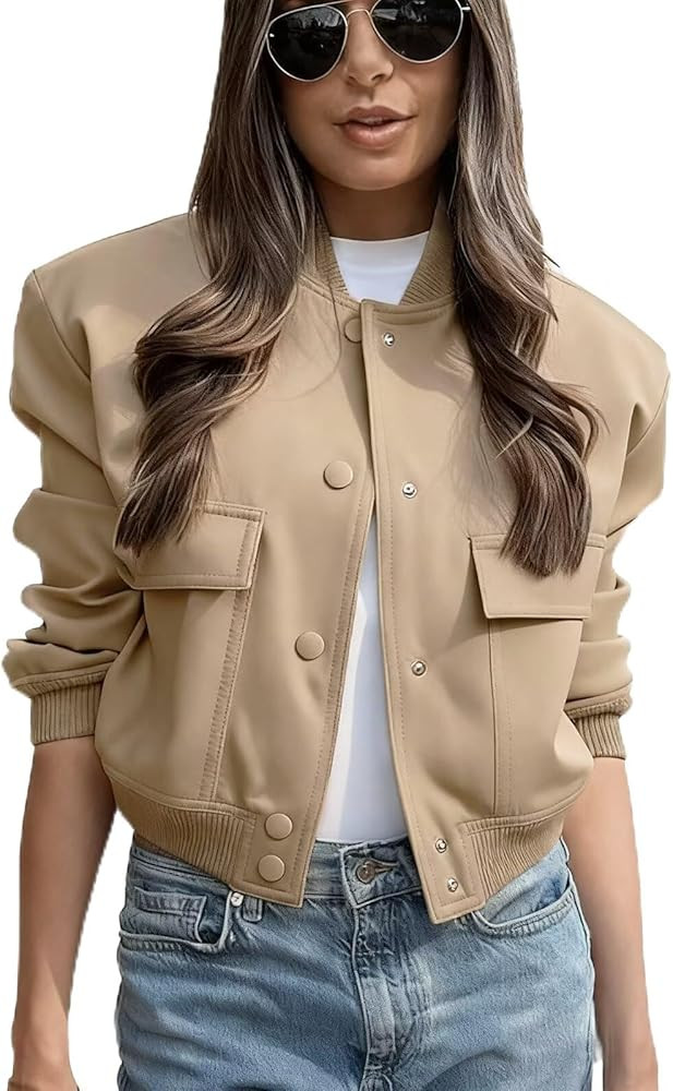 imbpceu Women Bomber Jacket Casual Long Sleeve Button Down Varsity Jackets with Pockets | Amazon (US)