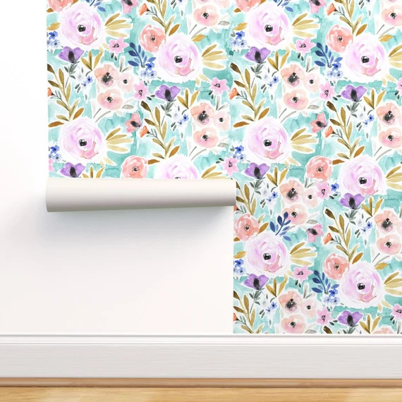 Floral Wallpaper - Willow Blooms By Crystal Walen - Floral Blue Pink Custom Printed Removable Sel... | Etsy (US)