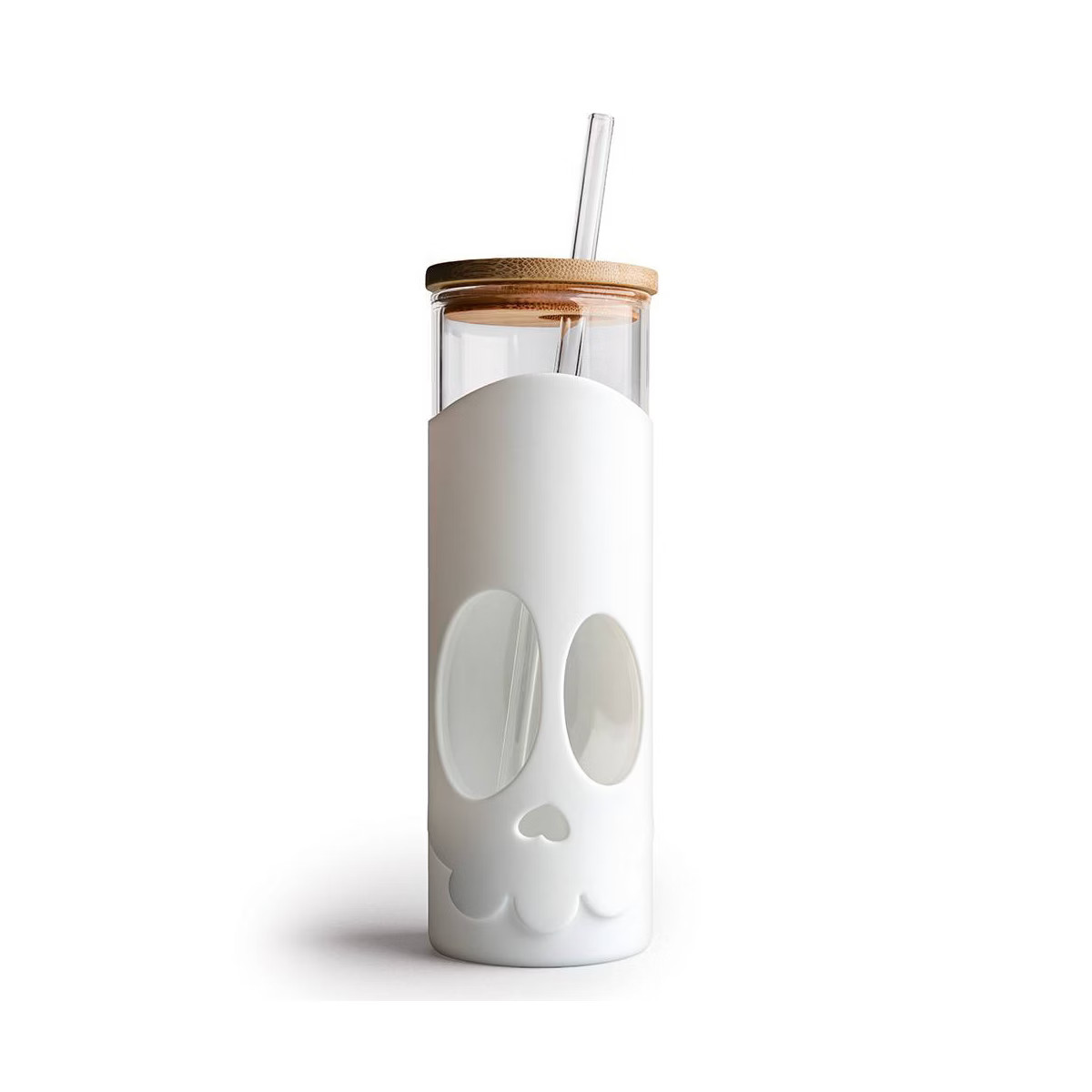 Ototo 17 fl oz Bonesy Glass Tumbler with Lid and Straw, Silicone, Glass, and Bamboo White | Target