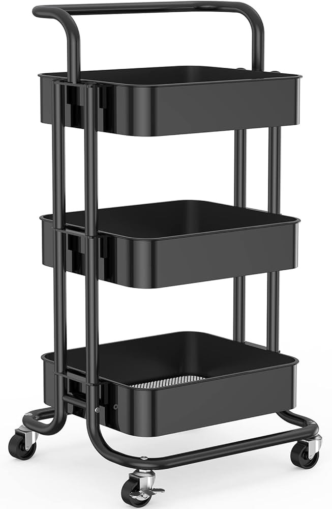 3 Tier Mesh Utility Cart, Rolling Metal Organization Cart with Handle and Lockable Wheels, Multif... | Amazon (US)