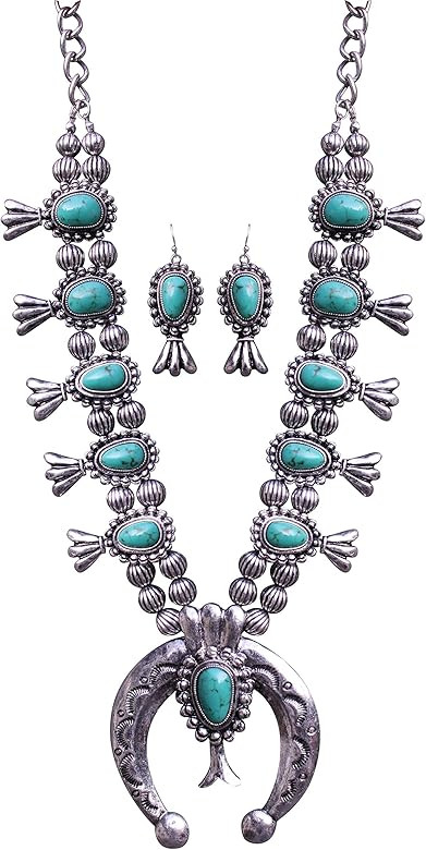 Turquoise Vintage Squash Blossom Metal Statement Necklace/w Earrings | Amazon (US)