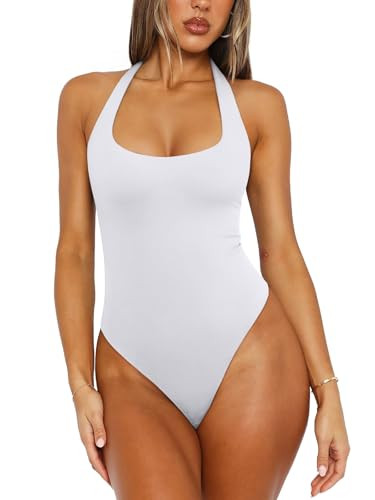 REORIA Women's Sexy Deep Scoop Neck Halter Bodysuit Double Lined Sleeveless Backless Top Vacation... | Amazon (US)