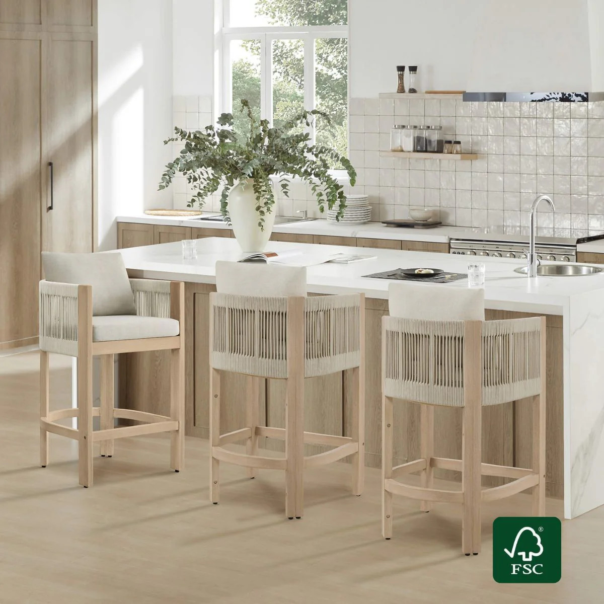 Clover Boho Acacia Wood Rope Indoor & Outdoor Counter Stool | Patio & Kitchen Seating | Chita