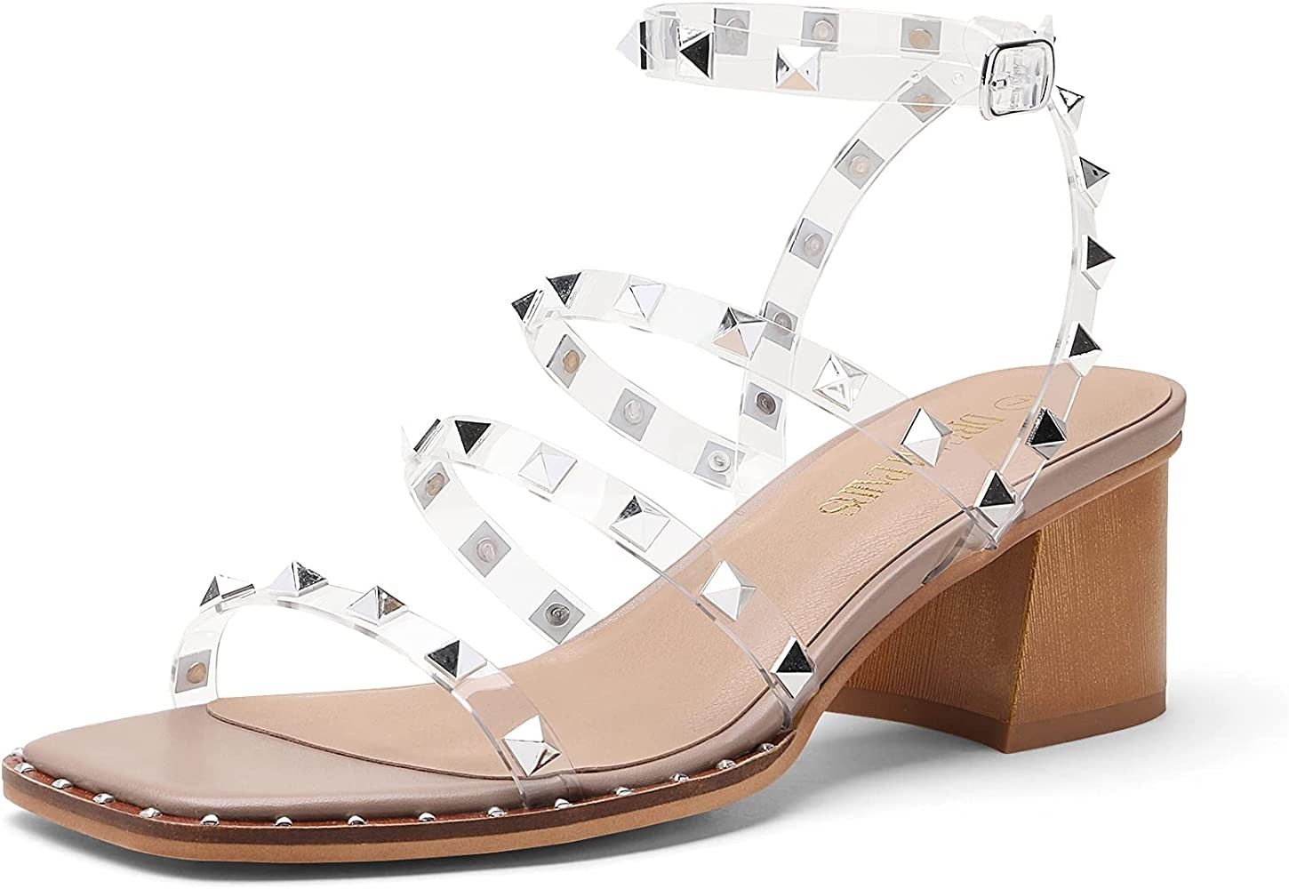 DREAM PAIRS Clear Studded Rhinestone Heels for Women Sexy Chunky Block Square Toe Heels Wedding Shoe | Amazon (US)