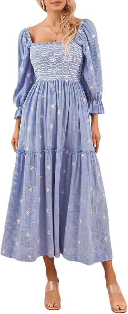 Argeousgor Women 2024 Bohemian Floral Dress Square Neck Ruffle Swing A Line Maxi Dress Long Sleev... | Amazon (US)