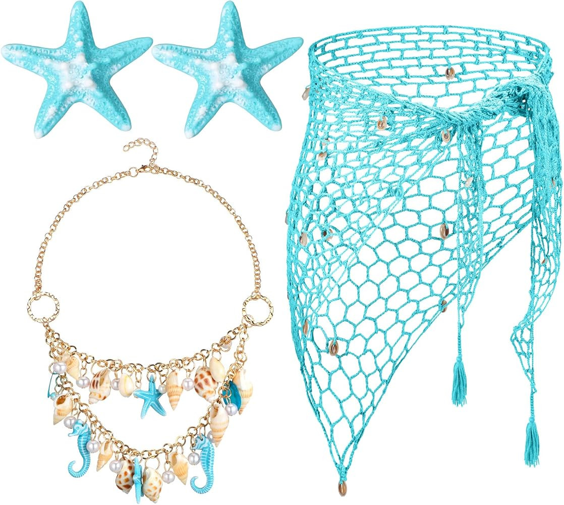 4 Pcs Mermaid Costume for Women Mermaid Crochet Skirt Swimwear Cover up Beach Necklace Starfish H... | Amazon (US)