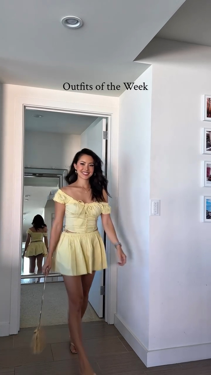 Butter yellow set - size US 4 in both the crop top and mini skirt 💛
Pink top - size M
White pants - amazing quality!! Size XS
Pink lace top - size US 2 💕
Faux leather pants - size 24 🖤
White eyelet top - US 4 🌸
Silk midi skirt - XXS🌷
Workout top (only $15 in this color!! Lululemon dupe is soooo soft and I flattering, i have it in 7 colors!)
White shorts - size 6 
Sneakers - soooo comfy true to size

🫶🏼 these are some of my favorite recent looks I wore in Hawaii! #springoutfits #springfashion #springoutfits2026