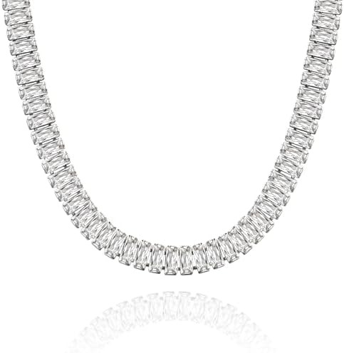 KissYan Diamond Tennis Necklace for Women, 14K/White Gold Plated Cubic Zirconia Baguette Tennis C... | Amazon (US)
