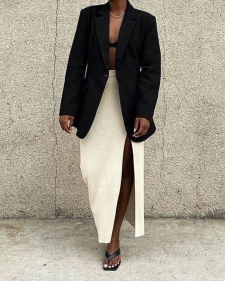 recreating Pinterest outfits I love 💌

this knit maxi skirt is everything ✨✨
- black blazer
- black bralette
- cream rib knit skirt
- thong/flip flop heel  


#LTKstyletip #LTKSeasonal #LTKparties