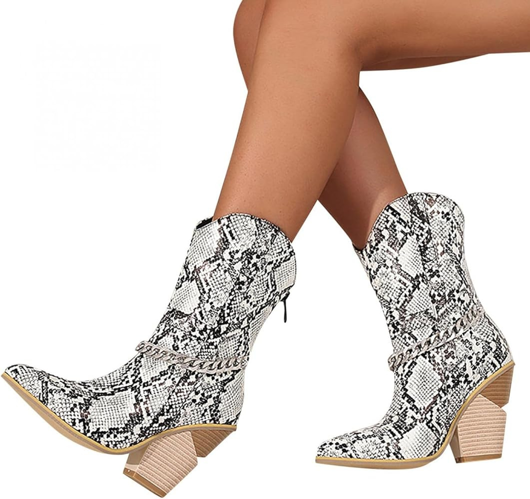 Chelsea Boots For Women Vintage Western Cowgirl Boots Ethnic Comfort Snakeskin Design Metal Chain... | Amazon (US)