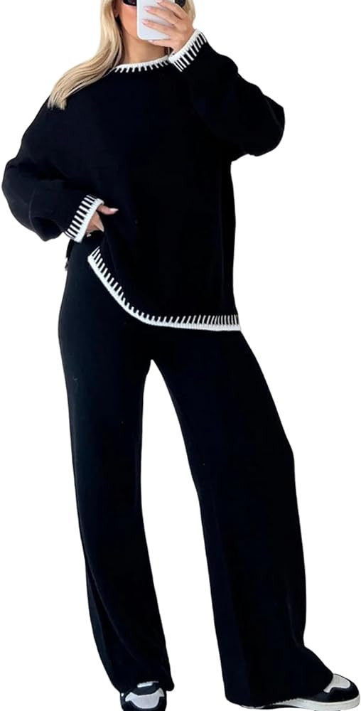 Tanming Women's Sweater Sets 2 Piece Outfits Knitted Pullover Jumper and Wide Leg Pants Tracksuit | Amazon (US)