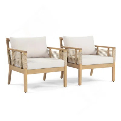 Patio Acacia Wood Club Chairs Set Of 2 With Hand-Woven Twist Rope For Backyard, Poolside, Teak Look+Beige Cushion | Wayfair North America