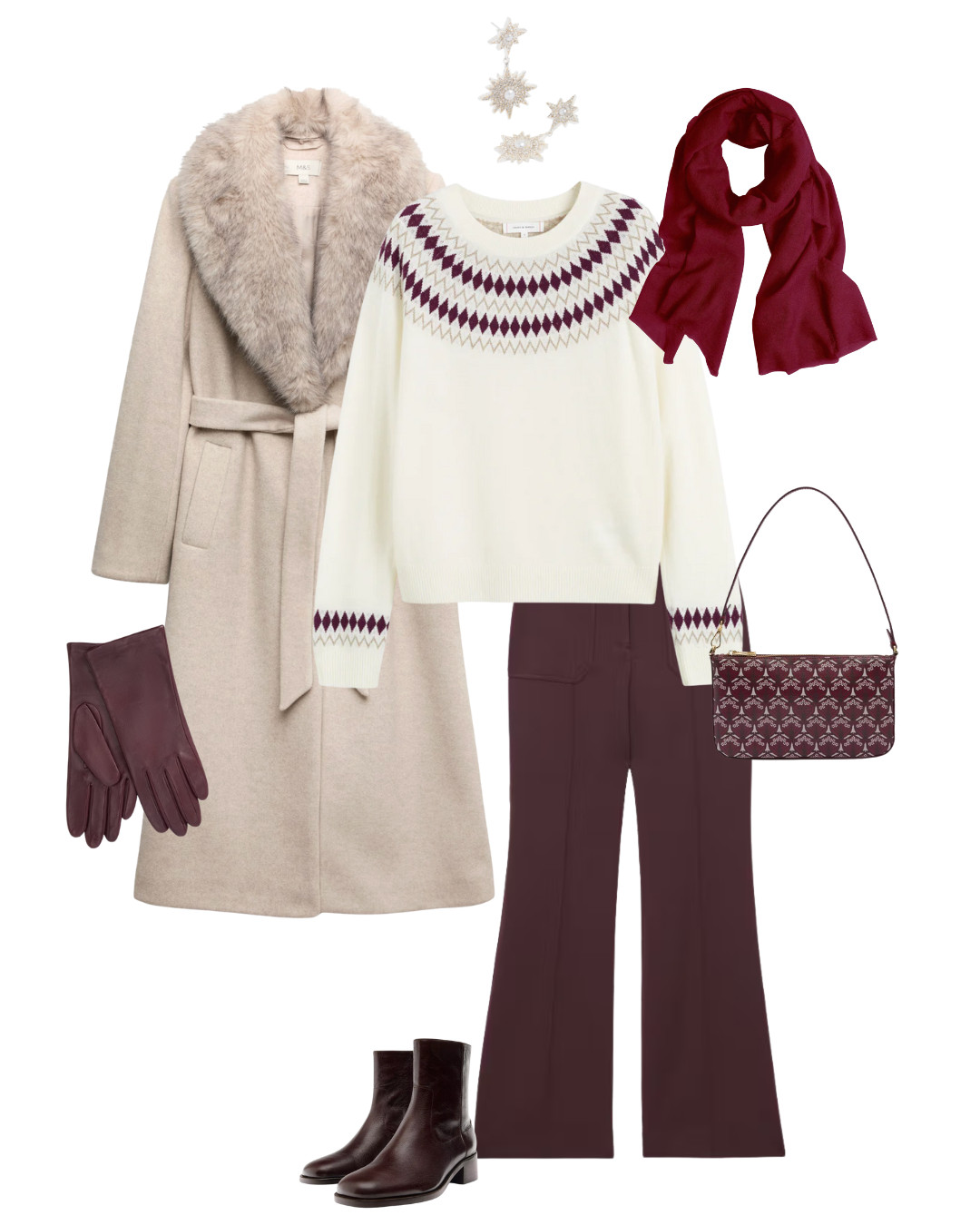 What to wear for Christmas Eve and Carol service, cosy coat with faux fur collar, cream fairisle knit sweater, burgundy trousers and accessories, sparkly earrings, festive and stylish but warm too 

 #LTKfestive #LTKover50style #LTKstyletip