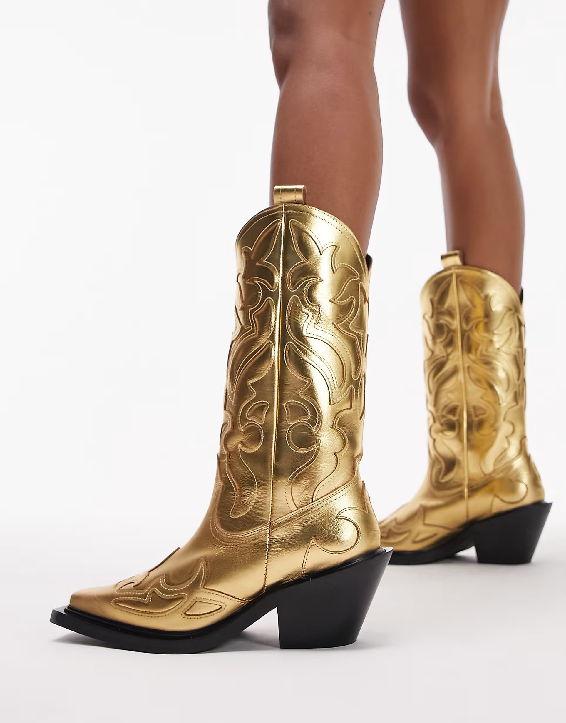 Topshop - Belle - Westernlaarzen van premium leer met hangestikte details in goud | ASOS (Global)
